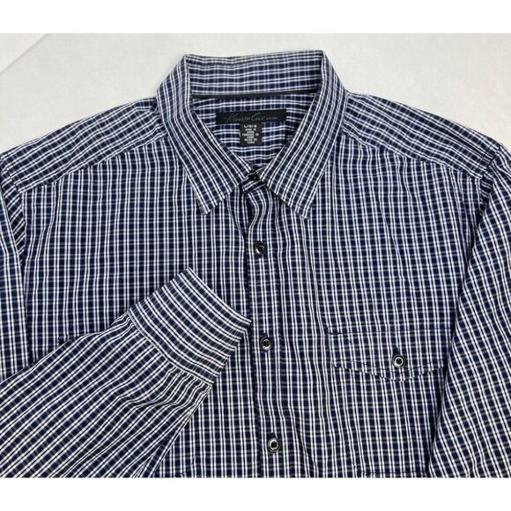 Kenneth Cole New York Men's Dress Shirt Size Large 16.5 Blue Check‎ Long Sleeve